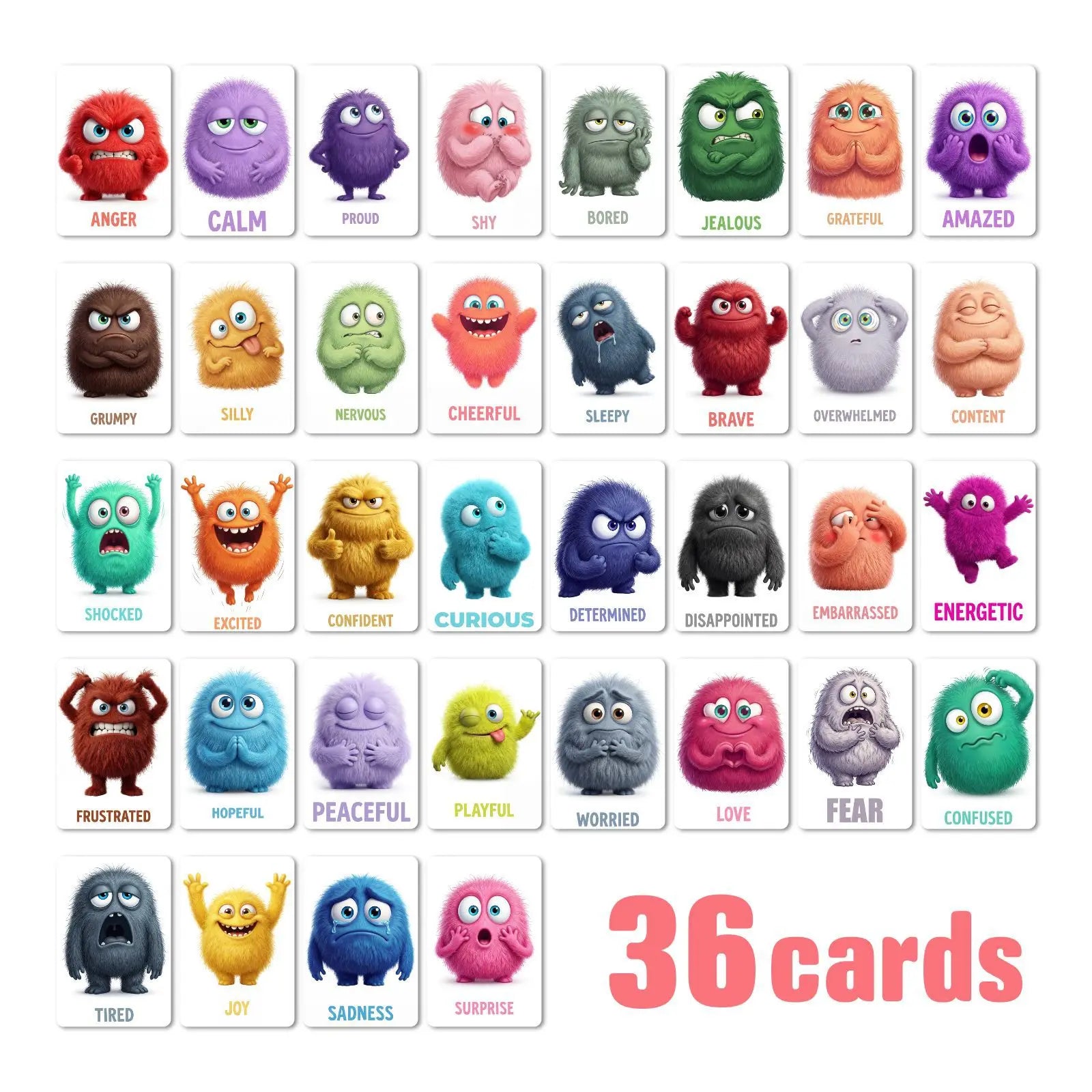 36Pcs Monster Emotion Cards Social Emotional Learning Flashcards Plush Monster Feelings Cards for Toddlers Preschool Education