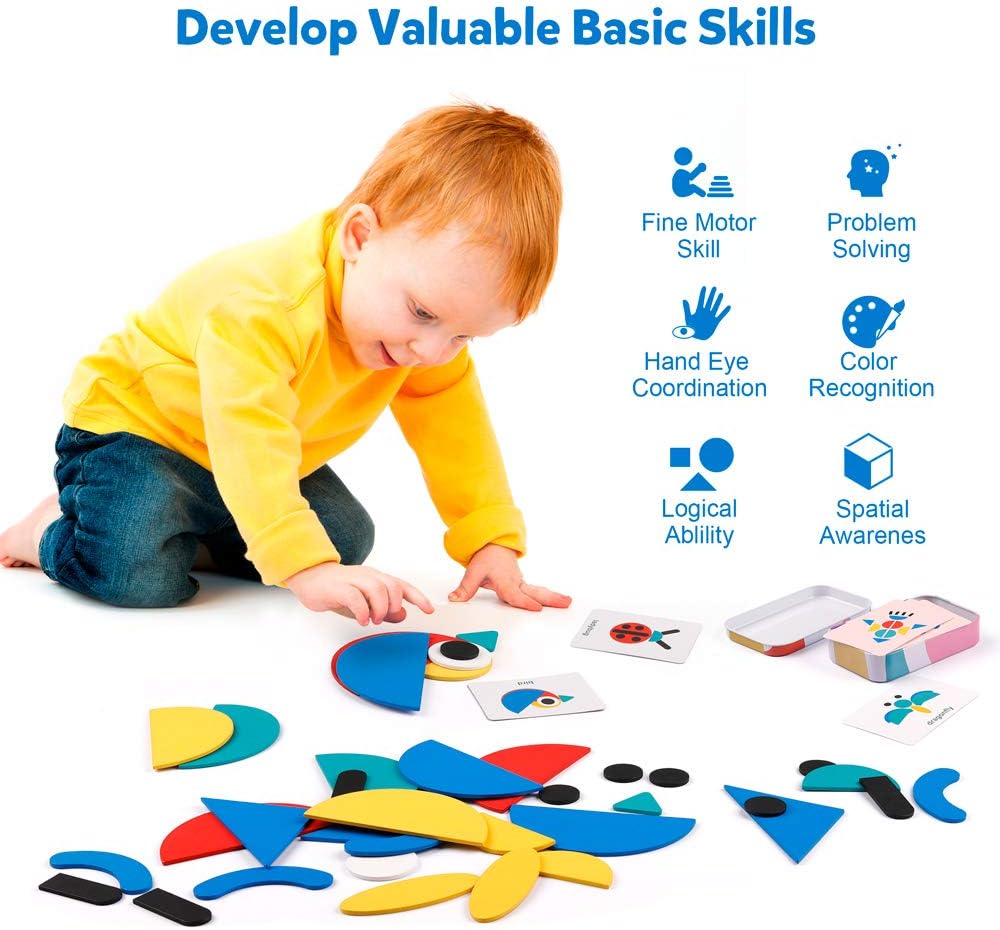 Coogam Wooden Pattern Blocks - Tangram Shape Puzzle Set Color Sorting Stacking Game Wood Animal Jigsaw Preschool Montessori Brain Teaser STEM for 3 4 5 Years Old Toddler Kid (60 Pattern Cards)