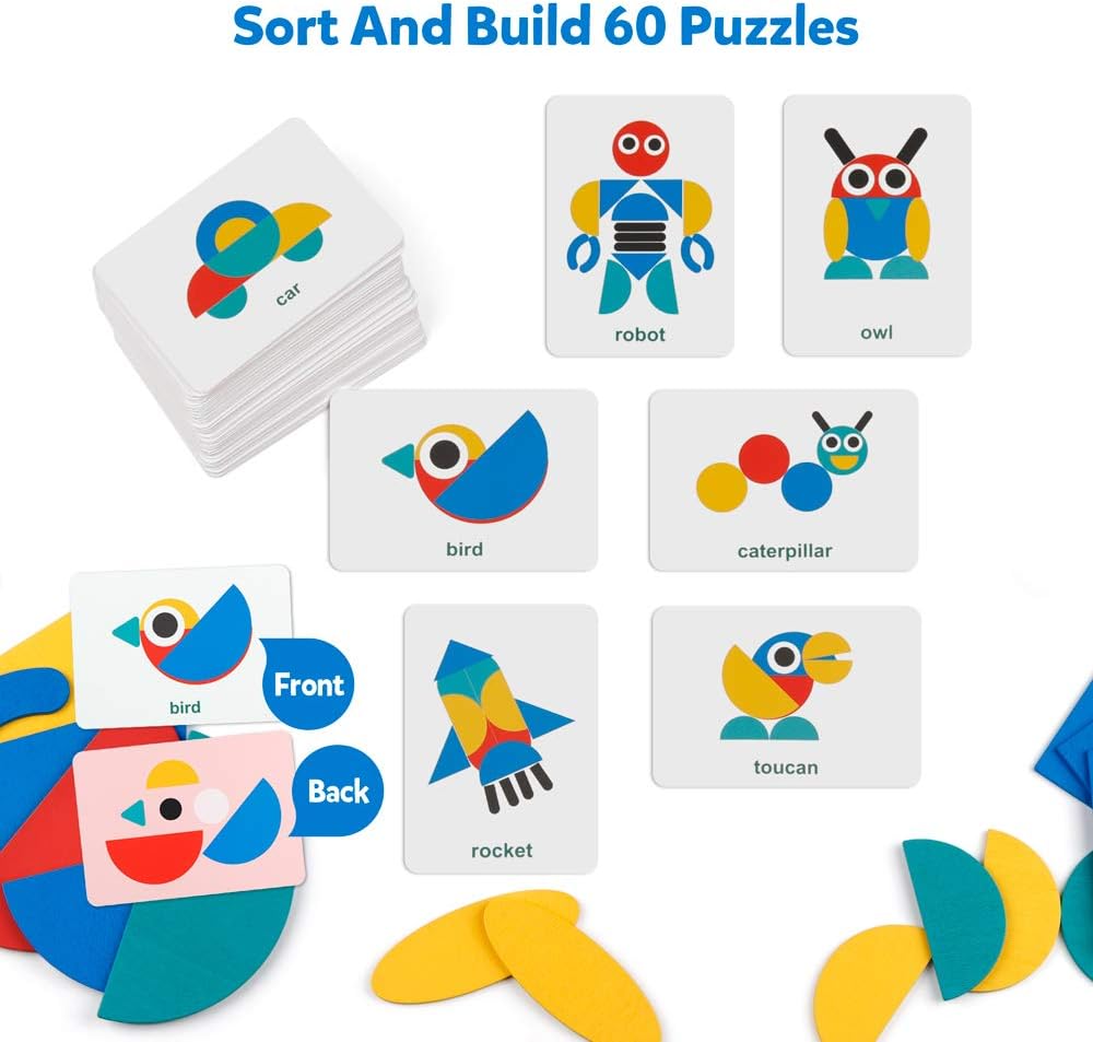 Coogam Wooden Pattern Blocks - Tangram Shape Puzzle Set Color Sorting Stacking Game Wood Animal Jigsaw Preschool Montessori Brain Teaser STEM for 3 4 5 Years Old Toddler Kid (60 Pattern Cards)