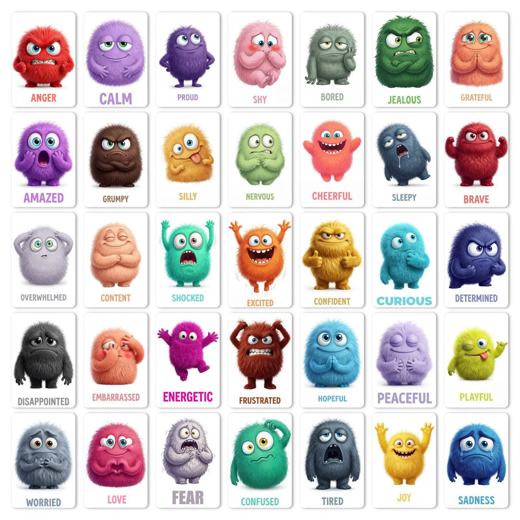 36Pcs Monster Emotion Cards Social Emotional Learning Flashcards Plush Monster Feelings Cards for Toddlers Preschool Education