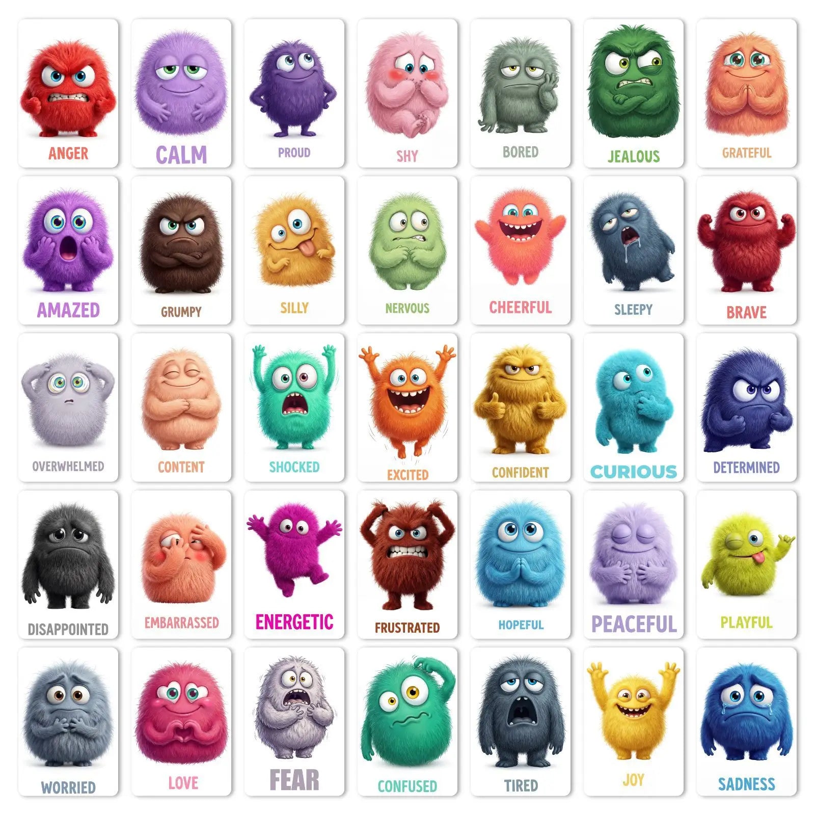 36Pcs Monster Emotion Cards Social Emotional Learning Flashcards Plush Monster Feelings Cards for Toddlers Preschool Education
