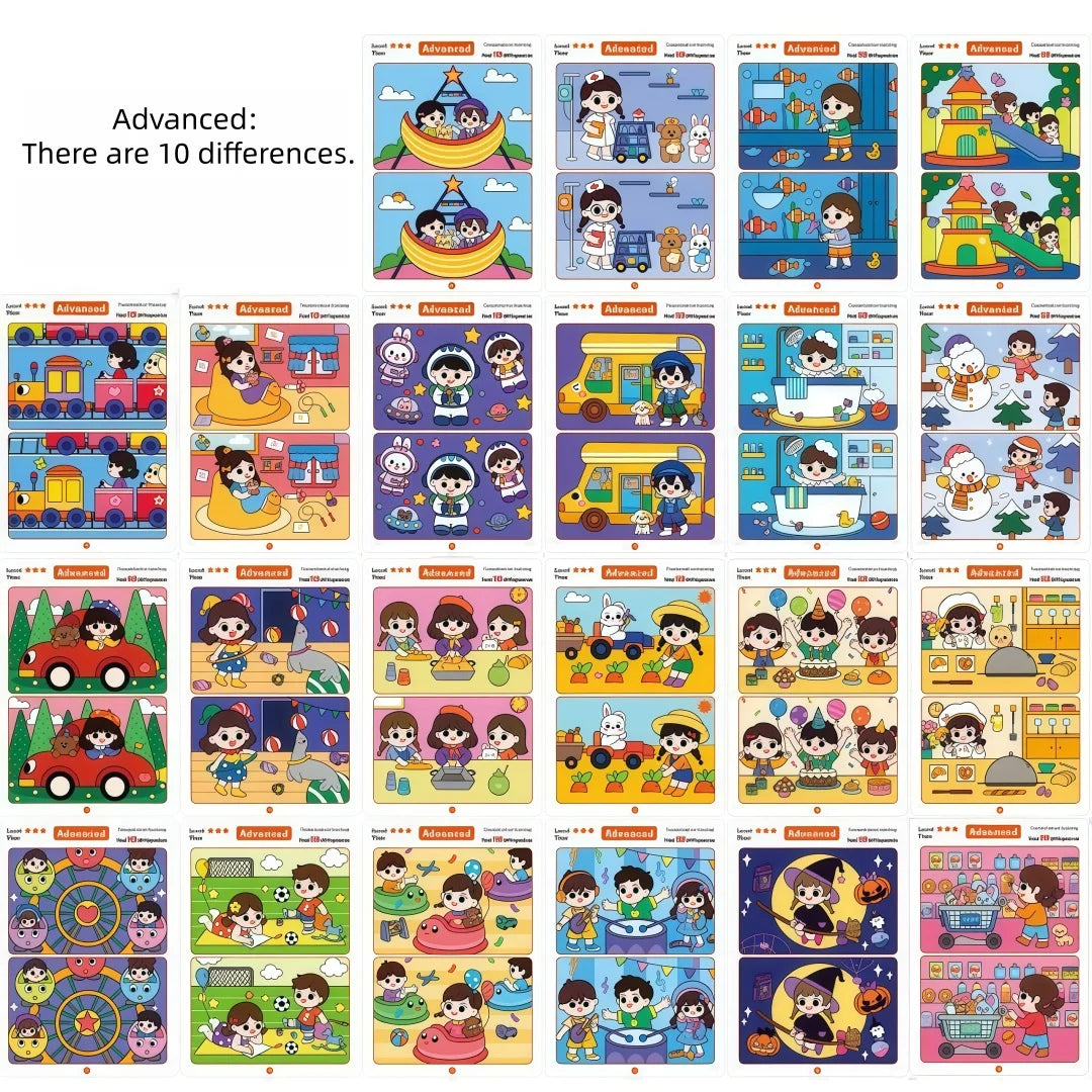 Find Differences Card Game Reusable Cartoon Educational Puzzle for Kids Three Difficulty Levels for Focus and Attention Training