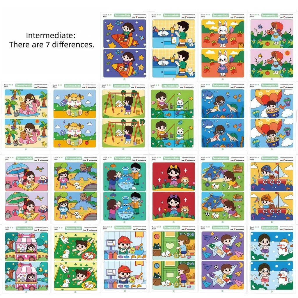 Find Differences Card Game Reusable Cartoon Educational Puzzle for Kids Three Difficulty Levels for Focus and Attention Training