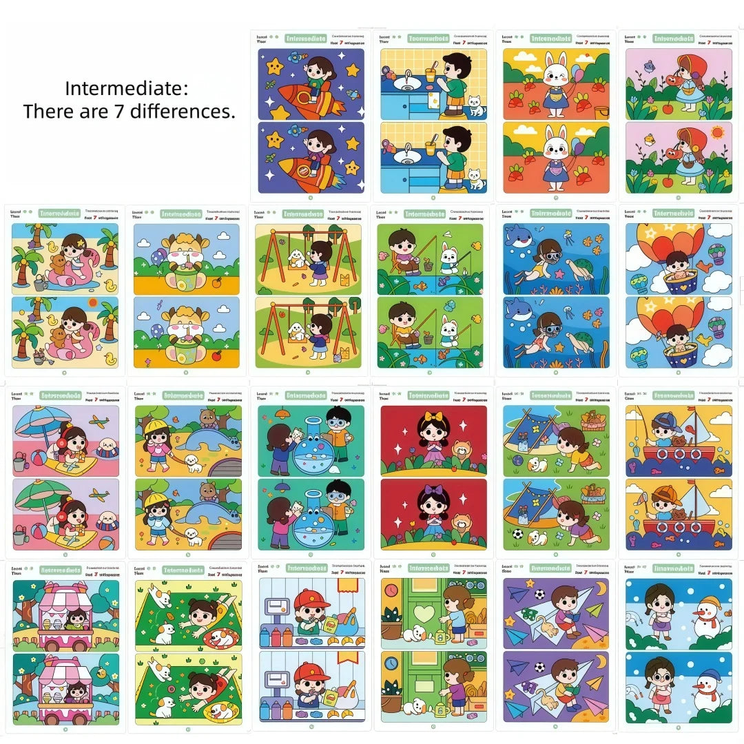 Find Differences Card Game Reusable Cartoon Educational Puzzle for Kids Three Difficulty Levels for Focus and Attention Training